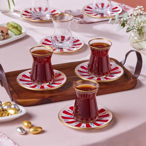 Verre à Thé Karaca Bursa, Coffret Cadeau Idéal de 12 Pièces Rouge