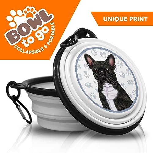 FRANZÖSISCHE Bulldogge SCHWARZ - Falt, Tragbarer Trinknapf mit Karabiner für Unterwegs. Futternapf, Haustierschüssel. Handlich und Einzigartig.