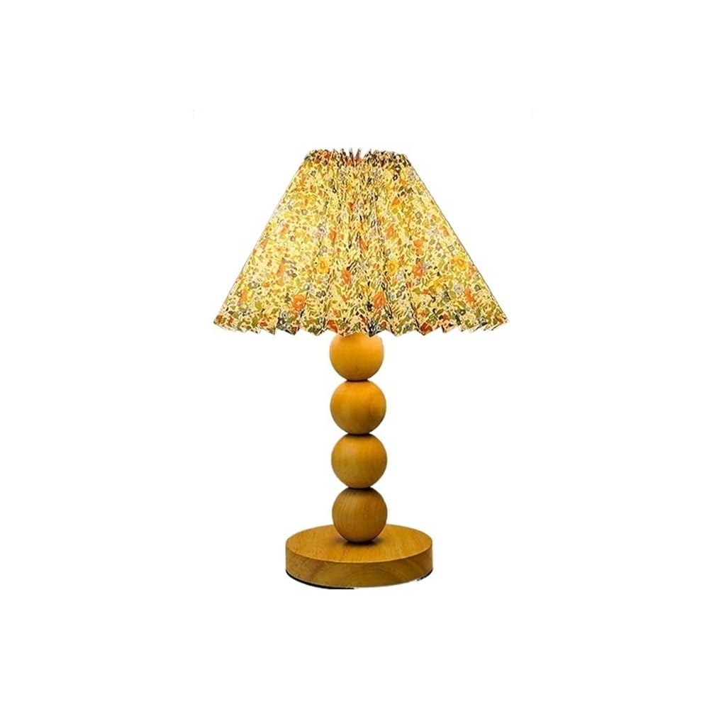 T2H9B5V4G8 Desk Lamp Retro Wooden Bedside Table Bedroom Floral Pleated Lampshade Lamp