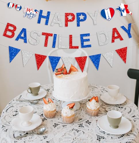 Image of Glittery Happy Bastille Day Banner French National Day Banner 14th of July Party Party Decoration Supplies for French National Day Bastille Day