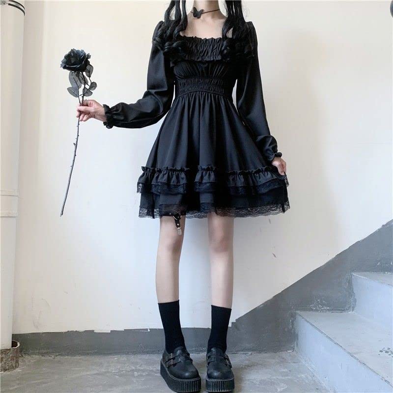 Robe Harajuku gothique à col carré en dentelle à volants - Robe Lolita noire Y2k - Robe de fête à manches longues