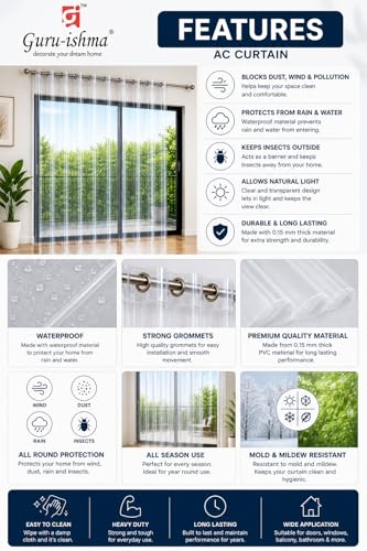Image of 7 ft Solid Transparent AC Curtain | Waterproof Heavy-Duty 0.15 mm | Dust Wind Rain Protection, Mold & Mildew Resistant | All Season Use for Door, Window & Bathroom (Pack of 1)