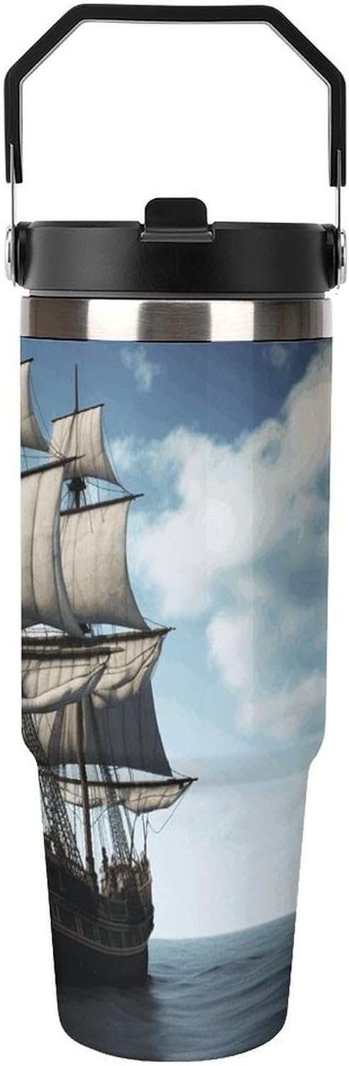 30oz Insulated Tumblers with Top Handle, Stainless Steel Old Sailing Ship Car Cup with Straw for Gift, Leak-Proof Double Wall Vacuum Travel Mug, Personalized Water Bottles Black