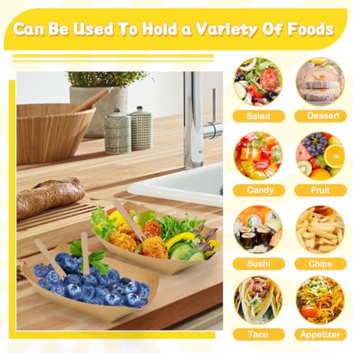 Huucozn 50 Stück Pommes Schalen mit 200 Holzgabeln Fingerfood-Schiffchen Kraftkarton Schalen Currywurst Schale Pommesschalen Einweggeschirr Pappschalen für Fingerfood Currywurst, 16,7 x 12 x 4cm