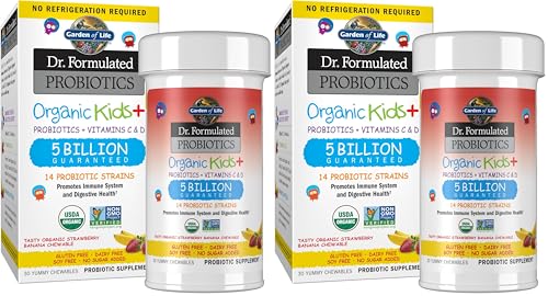Image of Garden of Life Dr. Formulated Probiotics Organic Kids+-Digestive Health Support-Prebiotic Fiber&Vitamins C&D-Supports Immune Function-Shelf Stable-Strawberry Banana,30 Yummy Chewables,(Pack of 2)