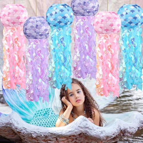 Image of 6pcs Jellyfish Paper Lanterns Blue Pink Purple Under The Sea Party Decorations for Mermaid Ocean Themed Birthday Party Decorations Baby Shower Classroom Decor
