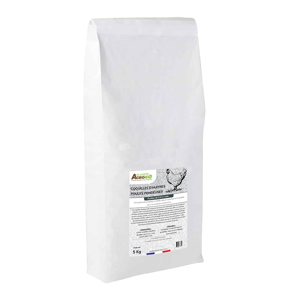 Coquilles d'Huîtres pour Poules Pondeuses broyage Fin, granulométrie de 0,5 à 1 mm (5 Kg)