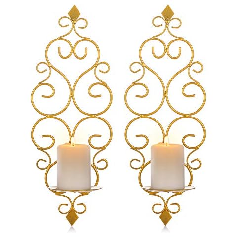 Sziqiqi Iron Wall Candle Sconce Holder Set of 2 Hanging Wall Mounted Pillar Candle Sconces Holder, Wall Sconces Decor for Bedroom Dining Room Living Room Bathroom, Gold Cover