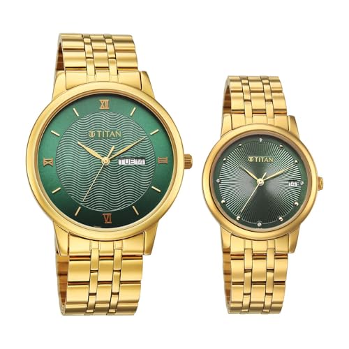 Image of Titan Bandhan Eternal Pair Analog with Date and Green Dial Yellow Gold Stainless Steel Strap Watch for Couples - 19672967YM01