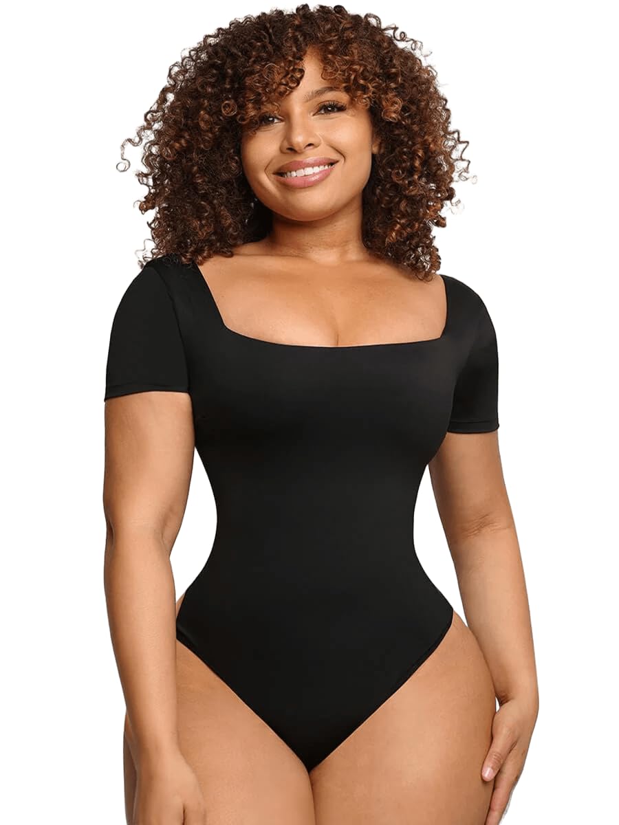 The Edit SHOP Women's Square-Neck Bodysuit – Short Sleeve Seamless Tummy Control Shapewear, Slim Fit Compression One-Piece for Layering & Everyday Wear