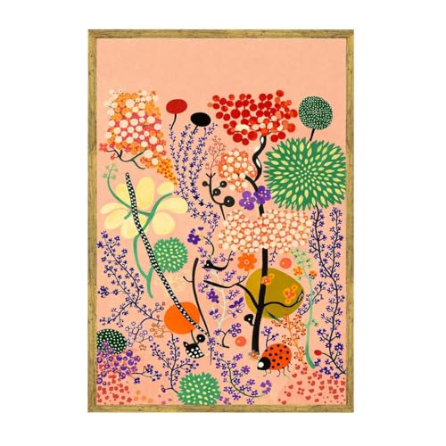 Framed Whimsical Garden with Ladybug and Flowers Poster Canvas Print