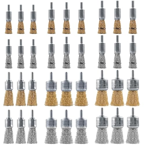 Rocaris 36 Pcs Wire End Brush for Drill with 1/4-Inch Shank, 6 Sizes Brass Coated & Carbon Steel Wire Drill Brush Set for Removal of Rust Corrosion Paint