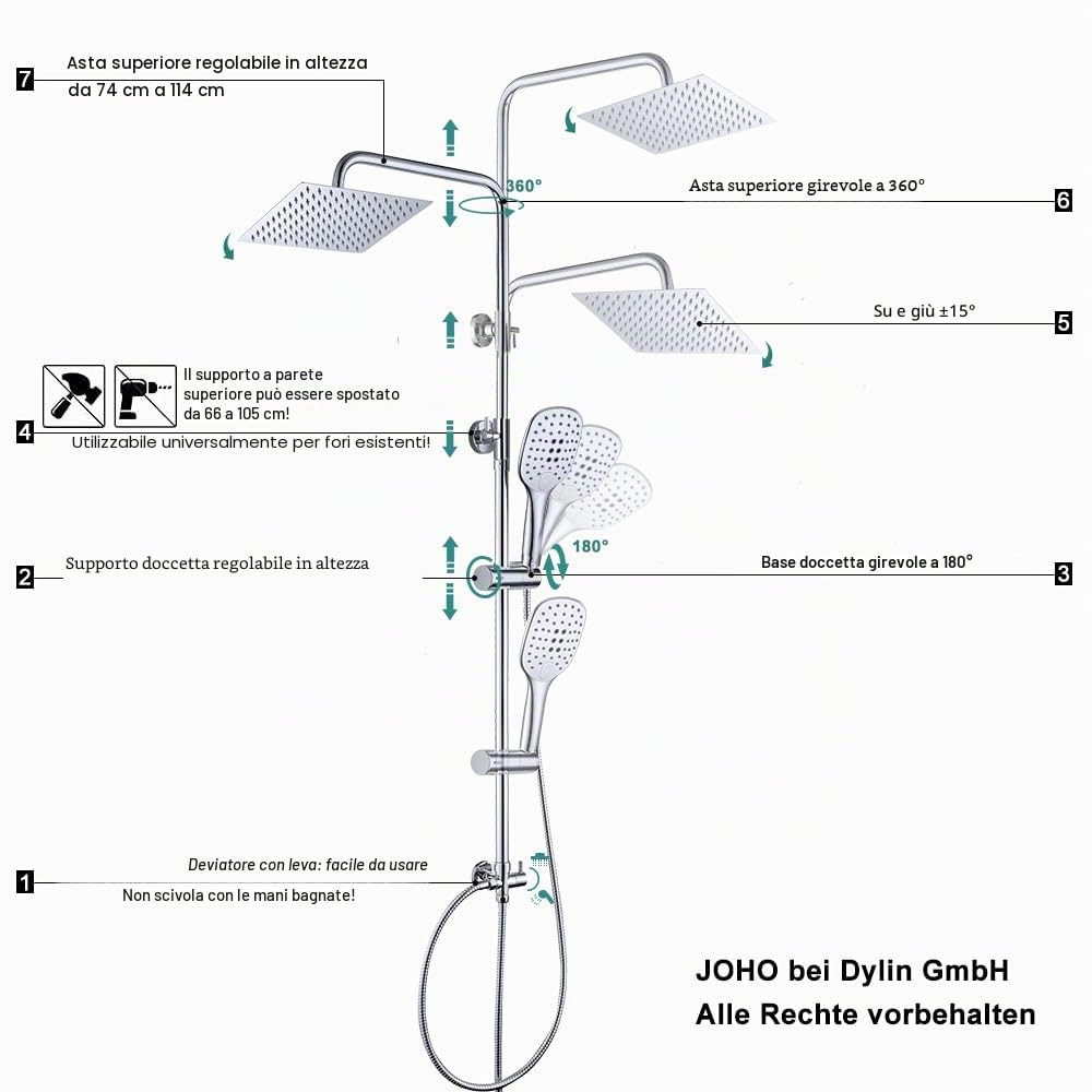 JOHO Colonna Doccia in Acciaio INOX Termostatica Set Soffione 20x20 cm Cromo