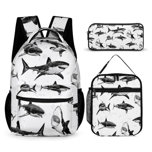 Shark Backpack with Lunch Box & Pencil Case for Kids Girls Boys School, 16 Inch Cute Sharks Bookbag, School Backpack for Students Children, Lightweight, Large Capacity