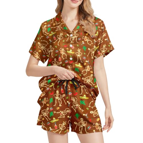 Image of Funny Pajamas for Women Set Print Satin Loungewear Pjs Short Sleeve Button Down Top and Shorts Sets Sleepwear XS-3XL