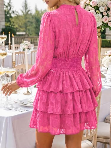 Image of Wenrine Womens Long Sleeve Mini Dress Floral Tiered Smocked Party Dresses | Cut Out, High Waist, Ruffle Design, Boho Style, Button Back, Night Out, Fall Winter