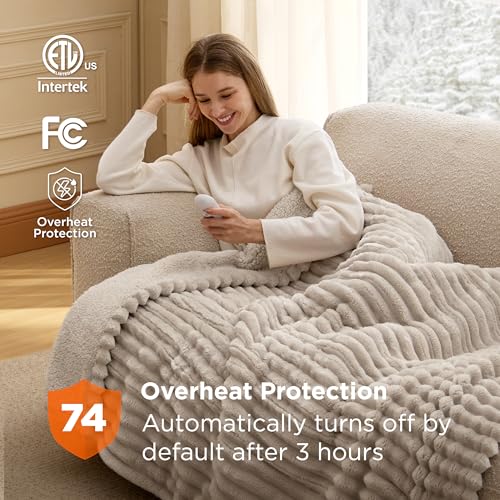 Image of Bedsure Heated Blanket Electric Throw - Thick Striped Flannel Electric Blanket, Heating with 4 Time Settings, 6 Heat Settings, and 3-Hour Timer Auto Shut Off, Gift for Grandma (50x60 inches, Linen)