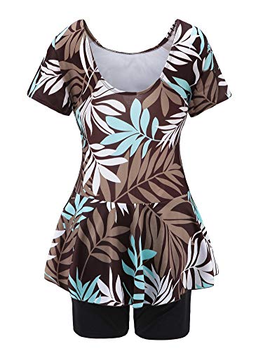 Women's One Piece Swim Dress Modest Swimsuit Floral Leaf Print Short Sleeve Swimwear2