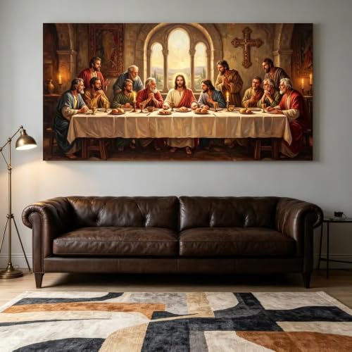 Tableau sur toile de la Cène avec Jésus et les apôtres déco chrétienne pour salon 70x120 cm