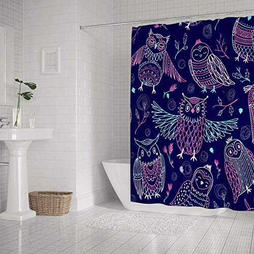 Rideau de douche chouettes 180x180 cm en polyester lavable avec crochets en C