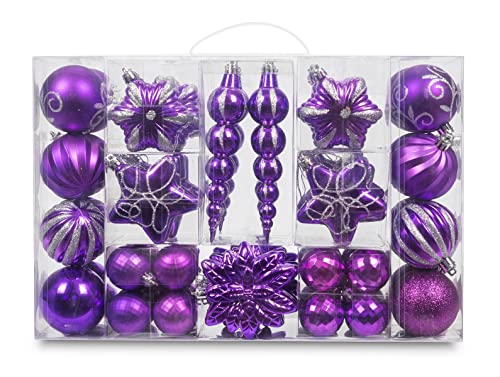 AUXO-FUN 73ct Assorted shatterproof Christmas Ornaments Luxury Collection Set in Reusable Hand-held Gift Package for Christmas Tree Decoration (Purple)