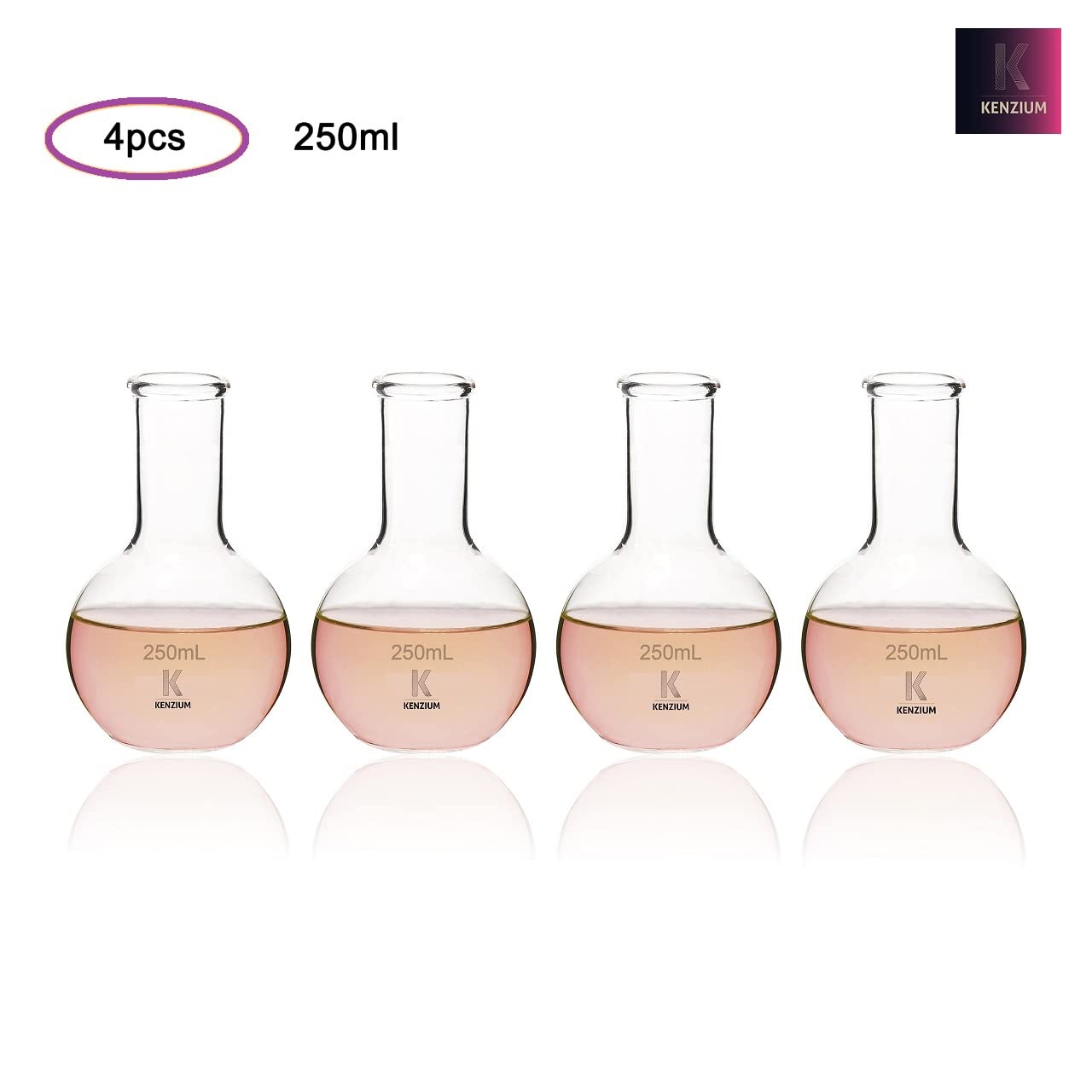 KENZIUM - Pack 4 globos de fondo plano | 250 ml | Vidrio borosilicato 3.3 | Cuello estrecho | Alta resistencia, ideal para ebullición