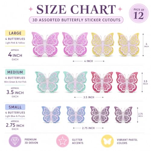 Image of Wanna Party Pastel Iridescent 3D Butterfly Wall Stickers - Pack of 12 | Glitter Butterfly Cutouts for Birthday Party Decoration, Baby Shower, Kids Room, Nursery, Craft & Photo Backdrop Decor
