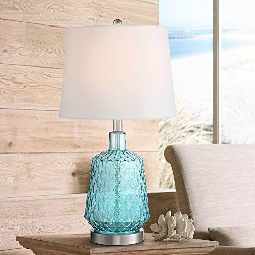 Ronald Modern Contemporary Coastal Accent Table Lamp 22  High Blue Glass Brushed Nickel White Fabric Drum Shade for Living Room Bedroom Beach House Bedside Nightstand Home - 360 Lighting