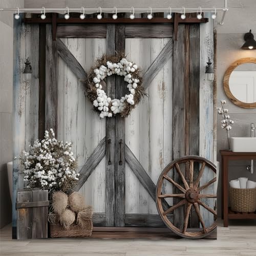 Rustic Farmhouse Barn Door Shower Curtain with Cotton Wreath Vintage Wooden Plank Board Wheel Countryside Floral Western Cabin Bath Curtain Fabric Bathroom Accessories Decor with Hooks 70W x70L