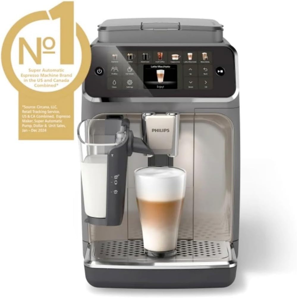PHILIPS 4400 Series Fully Automatic Espresso Machine – 12 Hot & Iced Coffees, Quick-to-Clean LatteGo Milk System, SilentBrew, QuickStart, Ceramic Grinder, Black Chrome (EP4444/90) (Renewed)