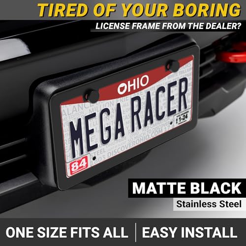 Image of Premium Slim Matte Black License Plate Frame - 1 Piece, Rust-Free Stainless Steel & Rattle-Free, Street Legal, Universal with Screw Caps, Thin Edged Metal Front or Rear Car Tag Holder for Men & Women