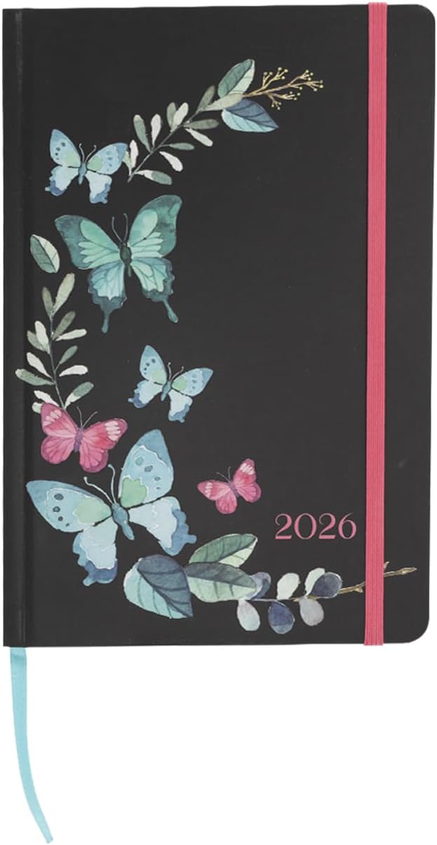 Idena 12065 Pocket Diary 2026 in Format 9 x 14 cm, 1 Week on 1 Page, Black Diary with Butterfly Motif, Elastic Band, Inner Pocket and Bookmark