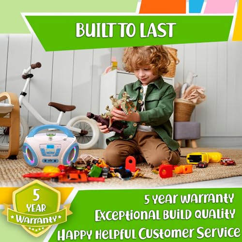 Image of TinyGeeks Tunes Kids Boombox CD Player for Kids - NEW 2023 - FM Radio - Batteries Included - Cute white Radio cd Player with Speakers for Kids and Toddlers - Blue | Colourful disco lights for dancing fun and make a great gift, blue