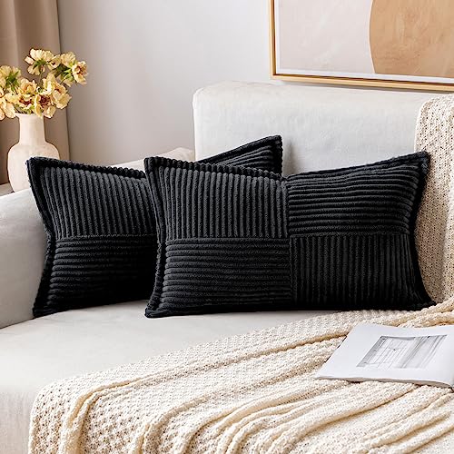 Image of MIULEE Decorative Lumbar Throw Pillow Covers for Couch Bed Livingroom 12x20 Inch Set of 2 Black Boho Accent Throw Pllows Broadside Striped Patchwork Soft Corduroy Pillowcases