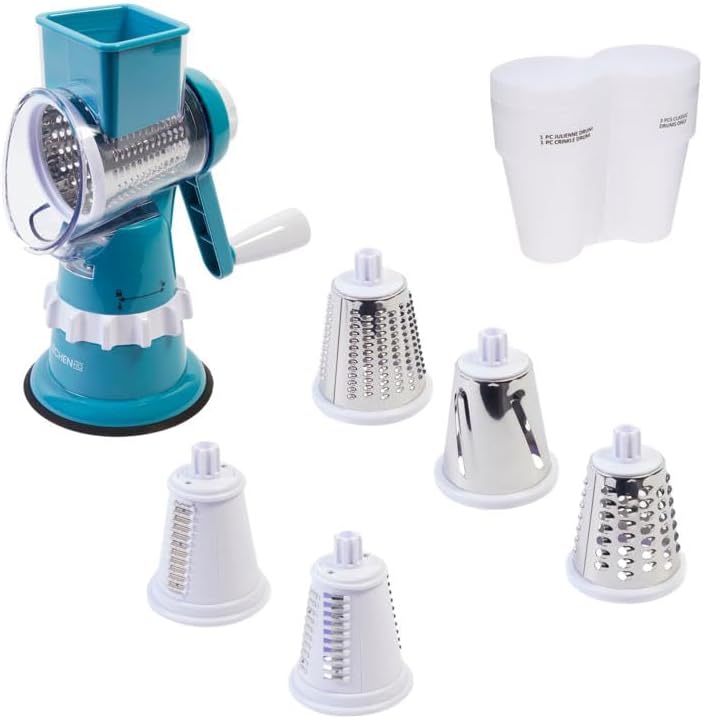 Speed Drum Grater, 5 Interchangeable Drums, Slicer, Shredder, Crinkle Cut, Julienne, Fine Grater, with Pusher - Turquoise