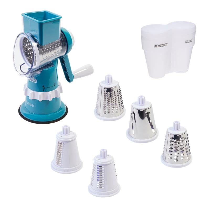 Speed Drum Grater, 5 Interchangeable Drums, Slicer, Shredder, Crinkle Cut, Julienne, Fine Grater, with Pusher - Turquoise