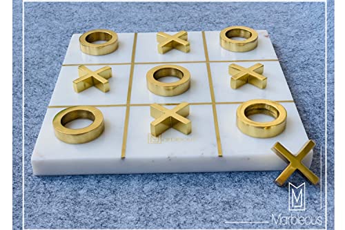 Image of MARBLEOUS Marble Tic Tac Toe Game, Marble Brass Game (with 5 Solid Brass X's O's), Marble Board Game, Board Game for Kids, Marble Game, Coffee Table Decor