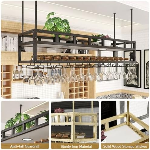 Ceiling Wine Glass Rack - 2 Layer Adjustable Height Stemware Wine Glass Holder Glasses Storage Hanger Metal Organizer with Light, for Bar Cafe Kitchen Island(Gold,59in)