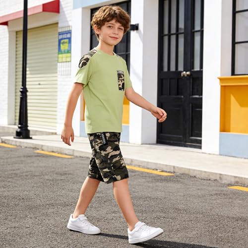 Image of LOLANTA Boy Summer Outfit Casual Clothes 2Pcs Cotton T-shirt Shorts Set | Kids Short Sleeve T-Shirt, Boy Camouflage Knee-length Shorts, Breathable Fashion Outfits, School Daily Matching Clothing Sets