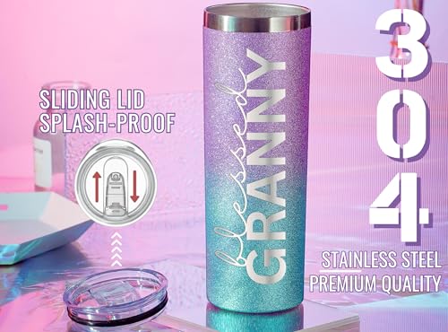 Image of Onebttl Christian Grandma Gifts for Mother's Day, 20oz Purple & Blue Glitter Skinny Tumbler, Straw & Lid Included, Granny Gifts - Blessed Granny