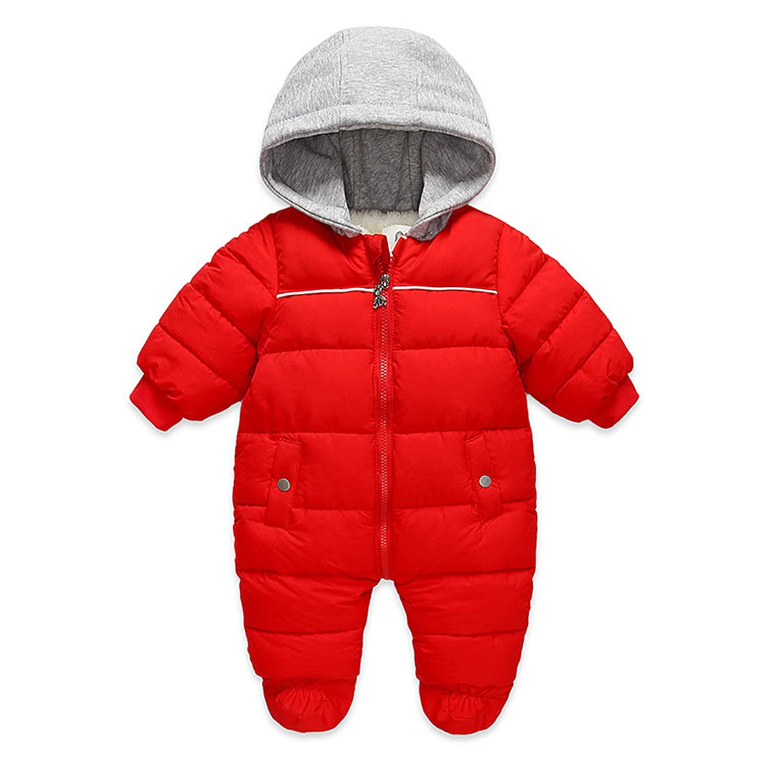 DINGDONG'S CLOSET Baby Boys Girls Winter Snowsuit Zipper Coat Romper Puffer Outwear Hooded Footie Padded Jacket(Red, 18-24M)