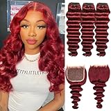 99J Loose Deep Wave Bundles with Closure Human Hair (12 14 16 with12 free) 10A Burgundy Bundles Human Hair Extensions Win Red Loose Weave 3 Bundles Human Hair with 4x4 Closure