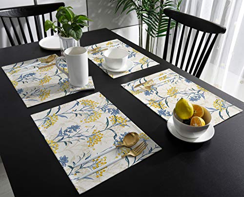 Dining Table Placemats Set Of 6(Cotton Linen),Vintage Floral Plant,Heat Resistant Non-Slip Table Mats,Yellow Blue,Indoor Outdoor Table Placemat For Holiday Banquet Kitchen Table Decor,Machine Washable #TOP2