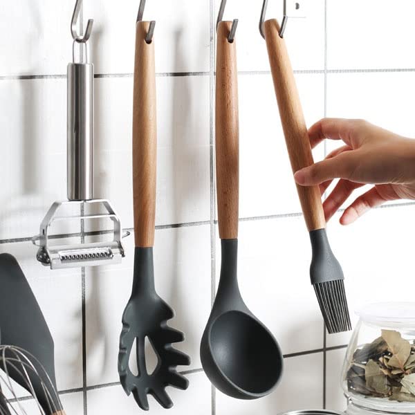 Kitchen Utensils Set, 33 pcs Non-Stick Silicone Cooking Utensils Set, Heat-Resistant Silicone, Wooden Utensils for Cooking, Kitchen Gadgets Spatula Set, Apartment Essentials Kitchen Set (Charcoal) - Image 7