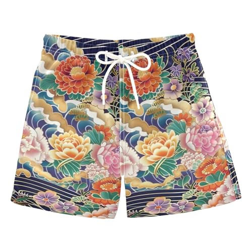 FLildon Japanese Waves Floral Little Boys Swim Trunks with Mesh Lining Quick Dry Beach Board Shorts, 3T