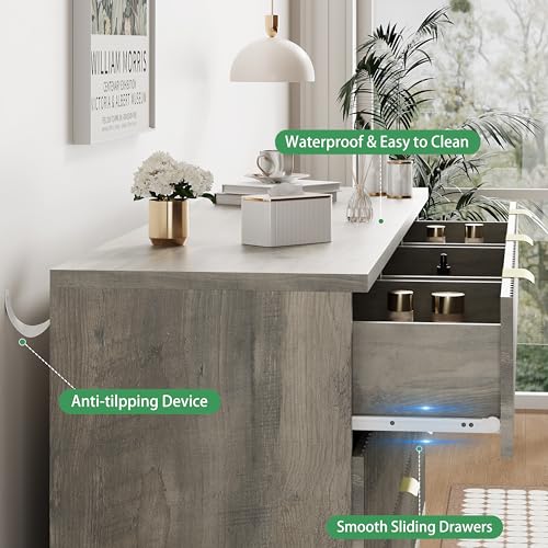 Image of Xixini Fluted Dresser for Bedroom with 9 Drawers, 57 inch Wide Modern Chest of Drawers with Metal Handle, Wooden Dresser TV Stand, Wood Closet Clothes Storage Organizer for Living Room, Hallway, Grey