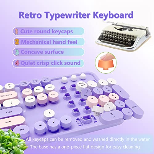 Image of Purple Retro Typewriter Wireless Keyboard and Mouse Combo for Home Office | Full Size Cute Vintage Round Bubble Keycaps, Ergonomic Aesthetic Colorful Keyboard Mouse Set for Long Nails Laptop Desktop PC