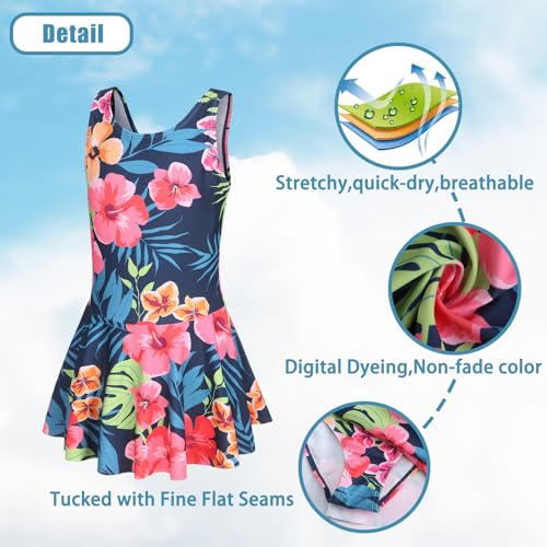 Image of Girls One Piece Swimsuits Leopard Bathing Suit for Kids Hawaiian Swimwear with Skirt Swim Dress 3-16 Years
