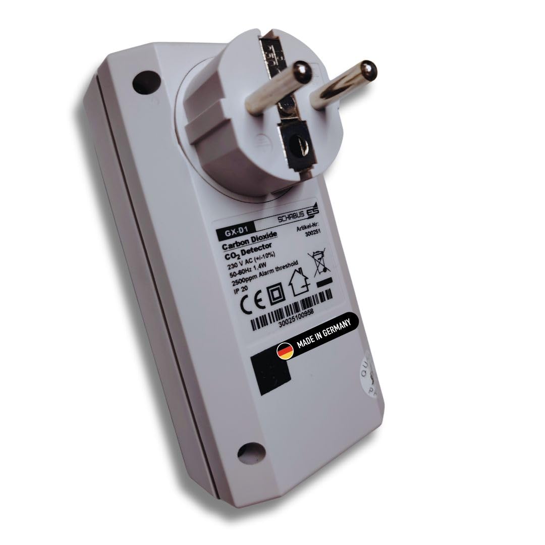 Schabus 300251 CO2-Warngerät GX-D1 mit Internem NDIR-Sensor Detektiert Kohlendioxid, Optischer und Akustischer Alarm, Steckdosengerät für Büro, Schule und Innenräume für eine Gesunde Luftqualität