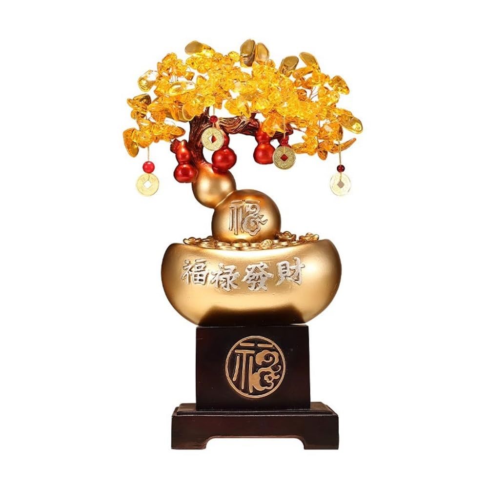 Home Decor Citrine Fortune Tree with High Base, Gold Ingot Opening Housewarming Decor Bonsai(Gold)